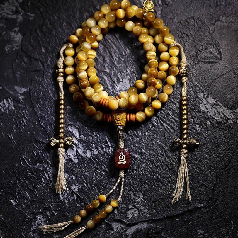 Tiger Eye mala 8mm with Copper Vajra dorje guru bead protection bracelet variant