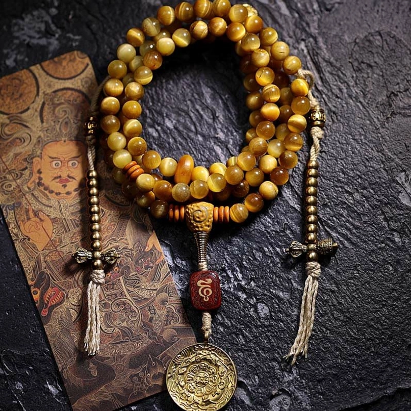 Tiger Eye Nine Palaces Eight Diagrams mala 8mm with Copper Vajra dorje sacred geometry variant