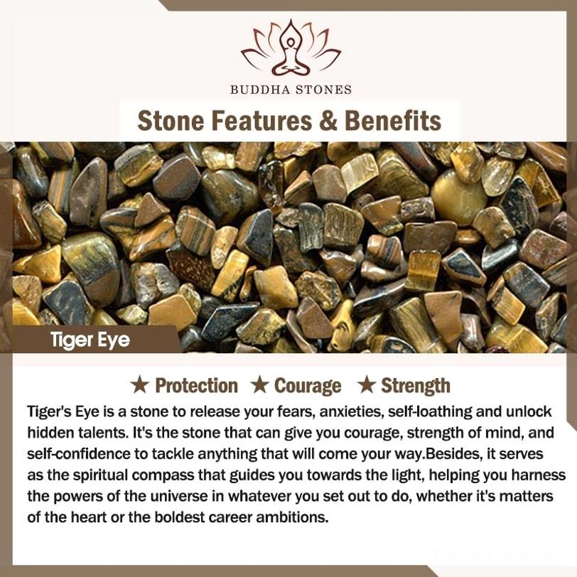 Tiger eye stone benefits infographic showing protection, courage, strength, clarity properties