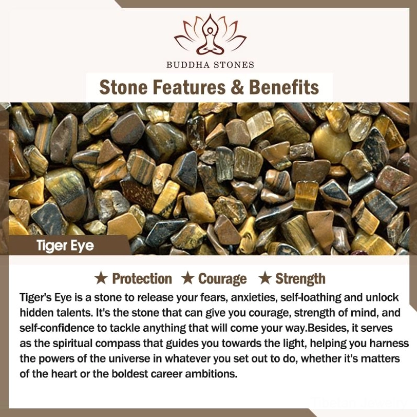 Raw tiger eye stone properties guide displaying protection, courage and strength benefits with Buddha Stones branding