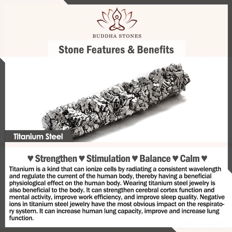 Titanium steel material benefits poster showing crushed titanium stone and wellness properties
