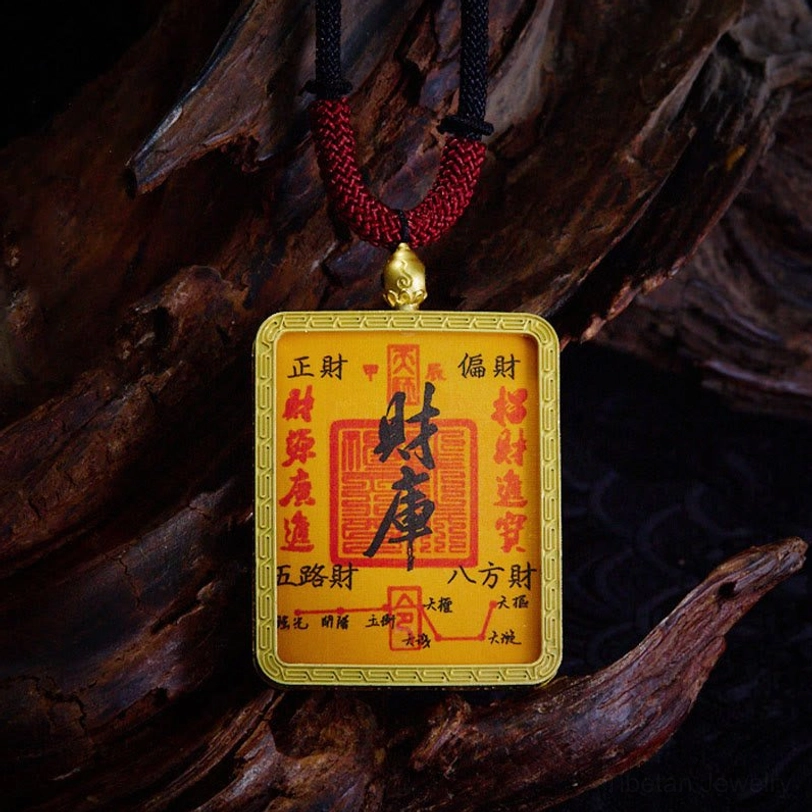 Treasury Deity thangka pendant amulet with hand-painted spiritual enrichment imagery and gold metal frame