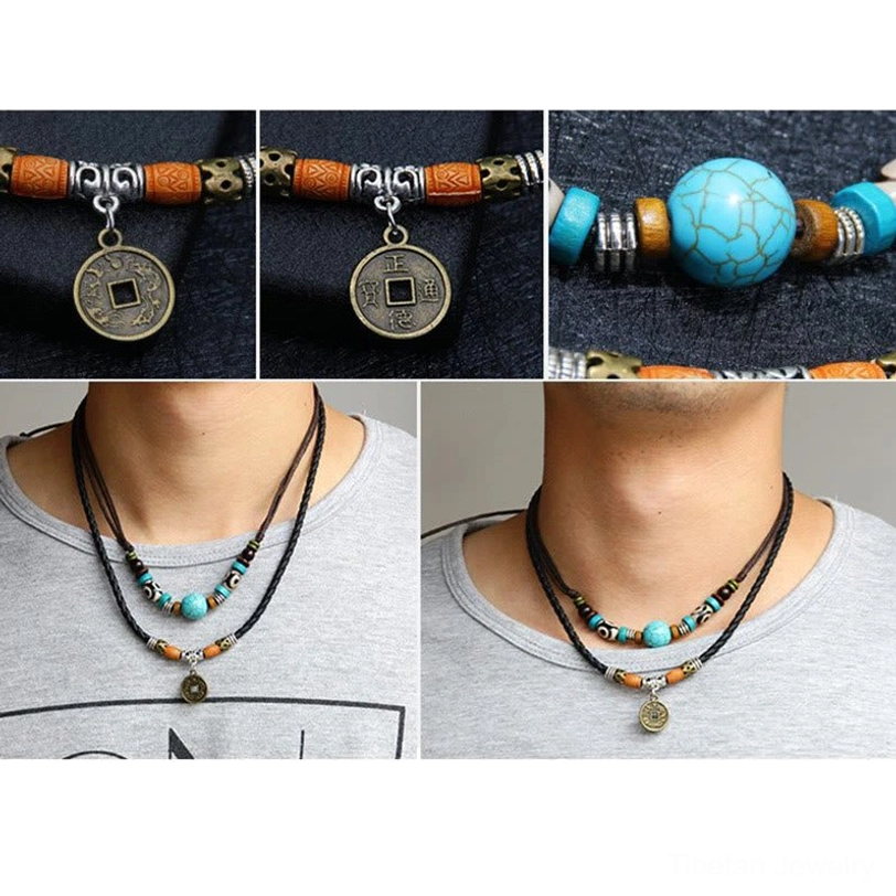 Split image showing turquoise Dzi bead necklace close-ups of coin pendant and beads plus wearing style on casual background