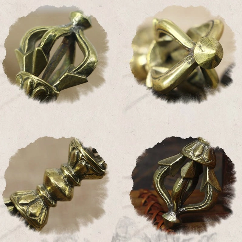 Multiple close-up angles of five-prong tibetan vajra dorje in antique brass, flat lay composition showing intricate tool details and carved symmetrical design