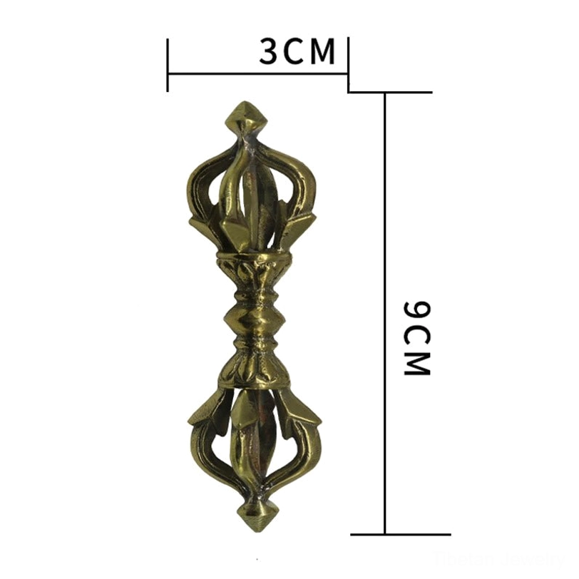 Five-prong vajra dorje with size scale showing 9cm length and 3cm prong width, front side view on white background with dimension marks for reference