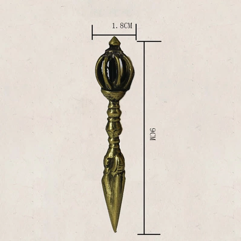 Vajra dorje size specification chart showing 9cm total length and 1.8cm crown width measurements with antique bronze copper metal
