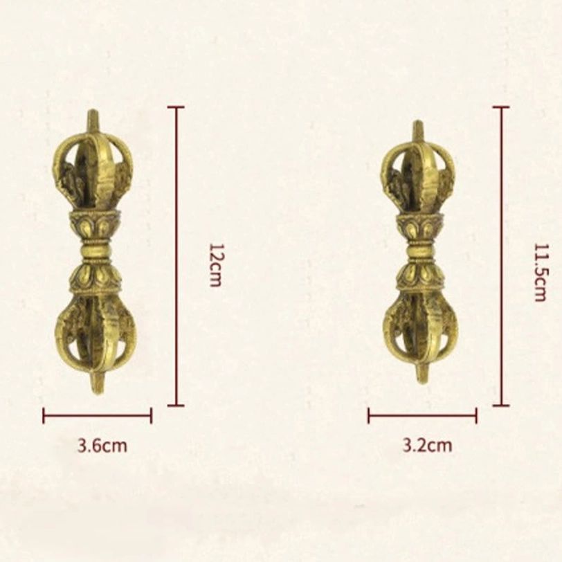 Size comparison chart showing two variants of handmade nepal vajra dorje: 12cm and 11.5cm height with corresponding 3.6cm and 3.2cm width measurements on white technical display background