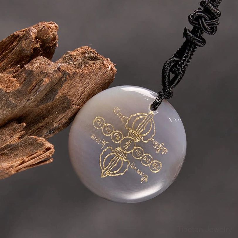 Vajra Dorje Tibetan crystal necklace pendant natural gemstone with golden Dorje symbol engraving