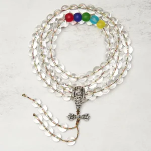 Vajra Liuli 108 mala beads flat lay topdown view transparent crystal beads with metal vajra pendant