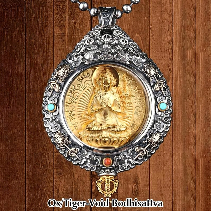 Void Bodhisattva guardian pendant for Ox and Tiger zodiac signs with gemstone inlay