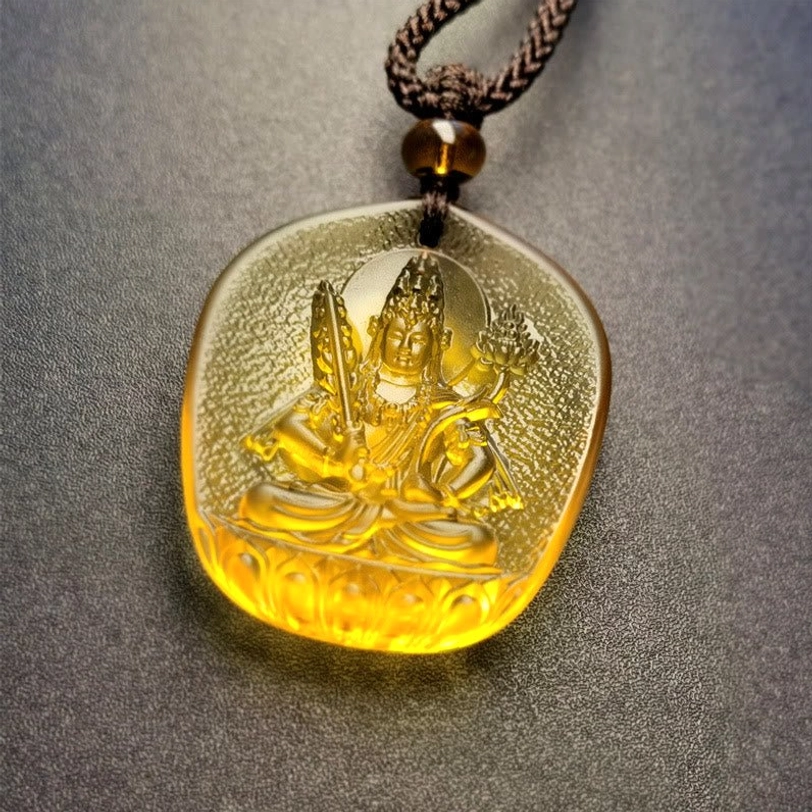 Ox or Tiger Void Bodhisattva Liuli pendant necklace featuring ornate multi-armed deity with intricate lotus base carving