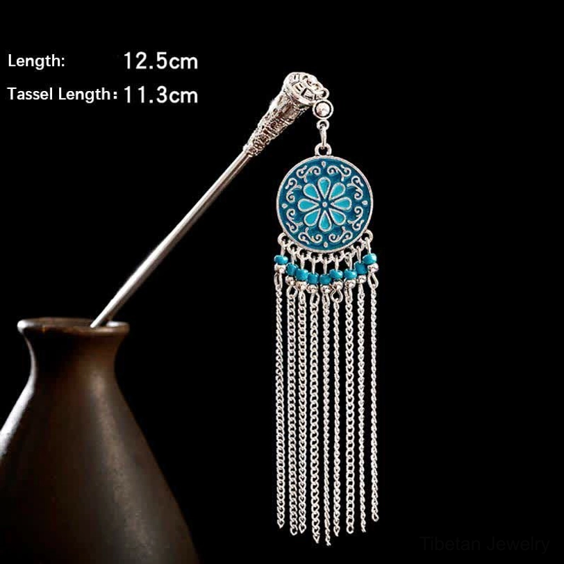 Water drop tassel hairpin detail view showing copper alloy and enamel work
