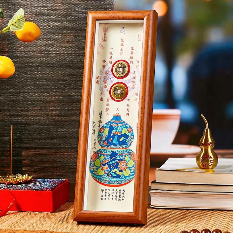 Colorful painted gourd wealth frame with antique copper coins handmade ornament style 4