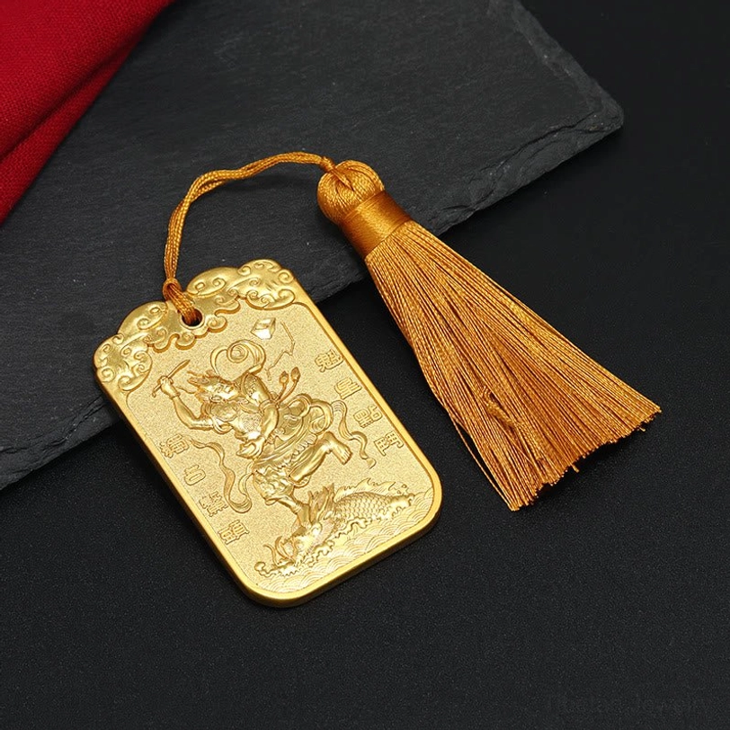 Wenchang charm with brown tassel - auspicious star and koi fish pattern gold embossed design