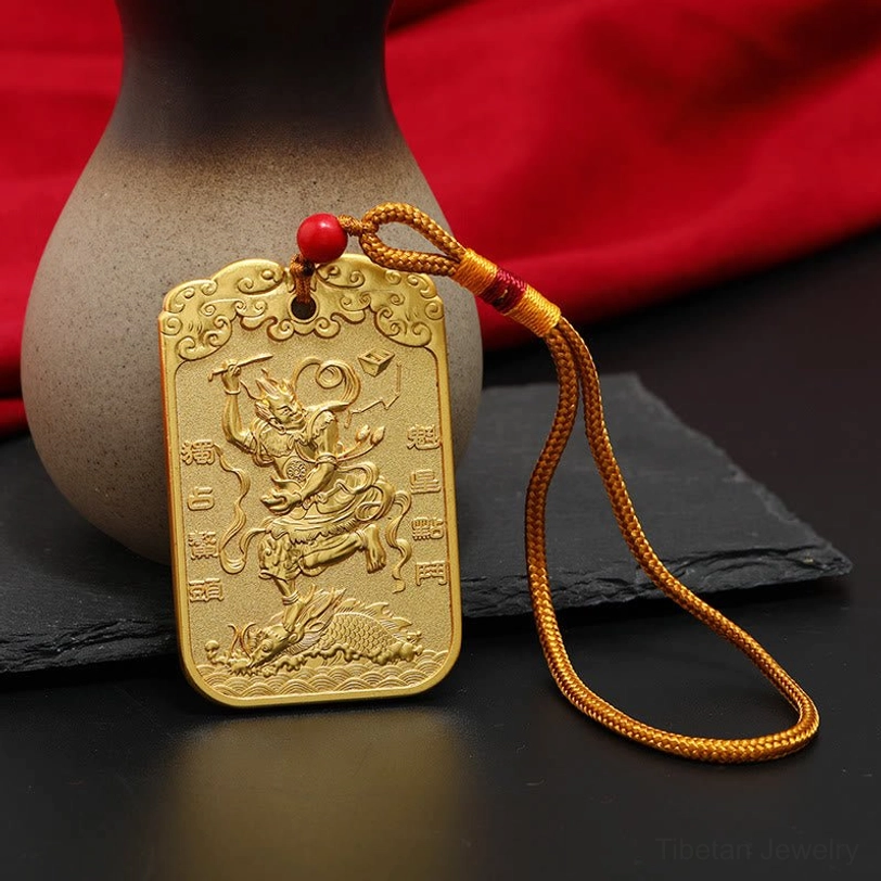 Wenchang pagoda koi fish feng shui car charm - gold tone front view with auspicious star and koi fish embossed design