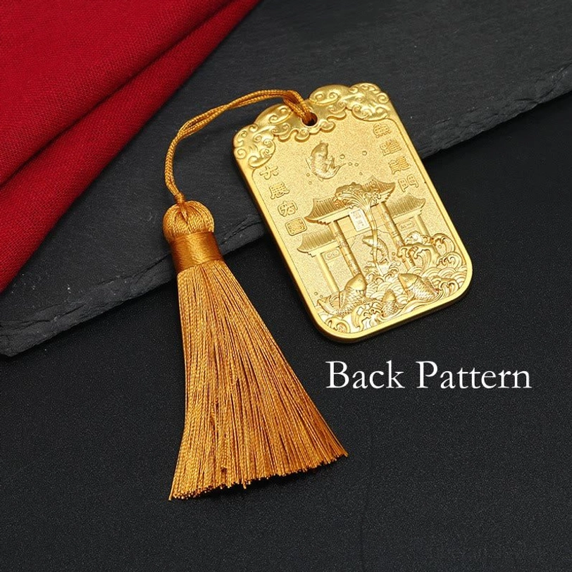 Wenchang koi fish tassel charm - gold tone alloy handcrafted feng shui prosperity symbol