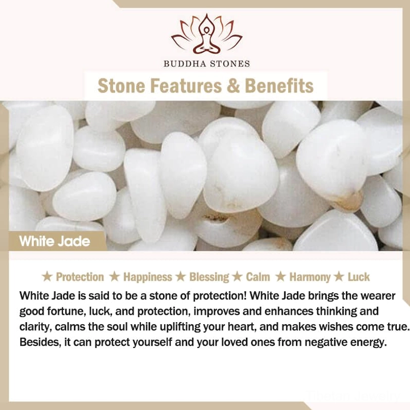 White jade protection and benefits information card with genuine white jade stones showing luck calm and blessing virtues
