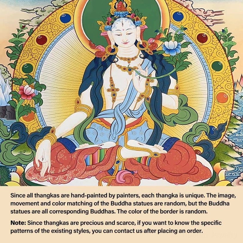 White Tara thangka - healing Bodhisattva with purity symbolism and traditional Tibetan artistic details