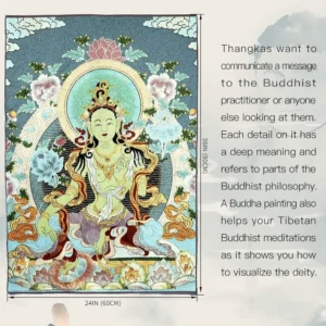 Flat lay product view of White Tara Tibetan embroidered Thangka wall hanging tapestry showing full design and size specifications