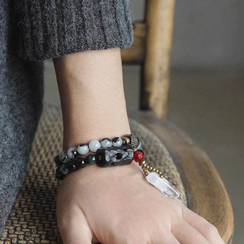 Women's couple bracelet black rutilated quartz white crystal hand wear close-up