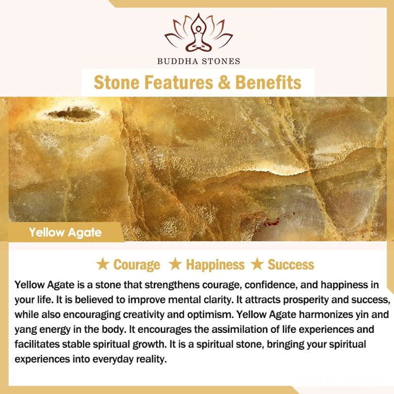 Yellow agate stone benefits promotional graphic displaying polished yellow agate stone texture and natural characteristics, showcasing metaphysical benefits of courage, happiness and prosperity