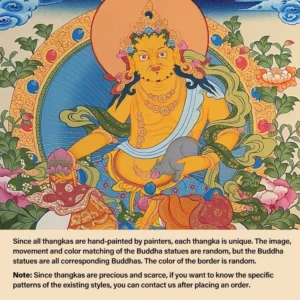 Yellow God of Wealth thangka - hand-painted Buddhist deity on lotus throne with traditional floral background