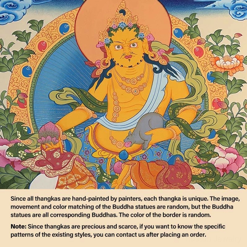 Yellow God of Wealth thangka - hand-painted Buddhist deity on lotus throne with traditional floral background