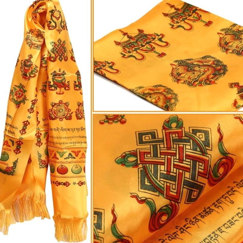 Yellow Tibetan khata blessing scarf with printed eight auspicious Buddhist symbols, tasseled hem, and glossy satin finish