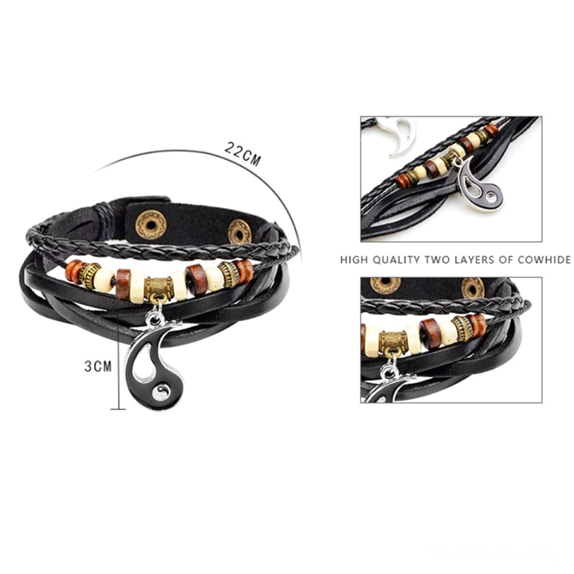 Yin yang bracelet size guide showing 22cm adjustable length and two-layer cowhide material