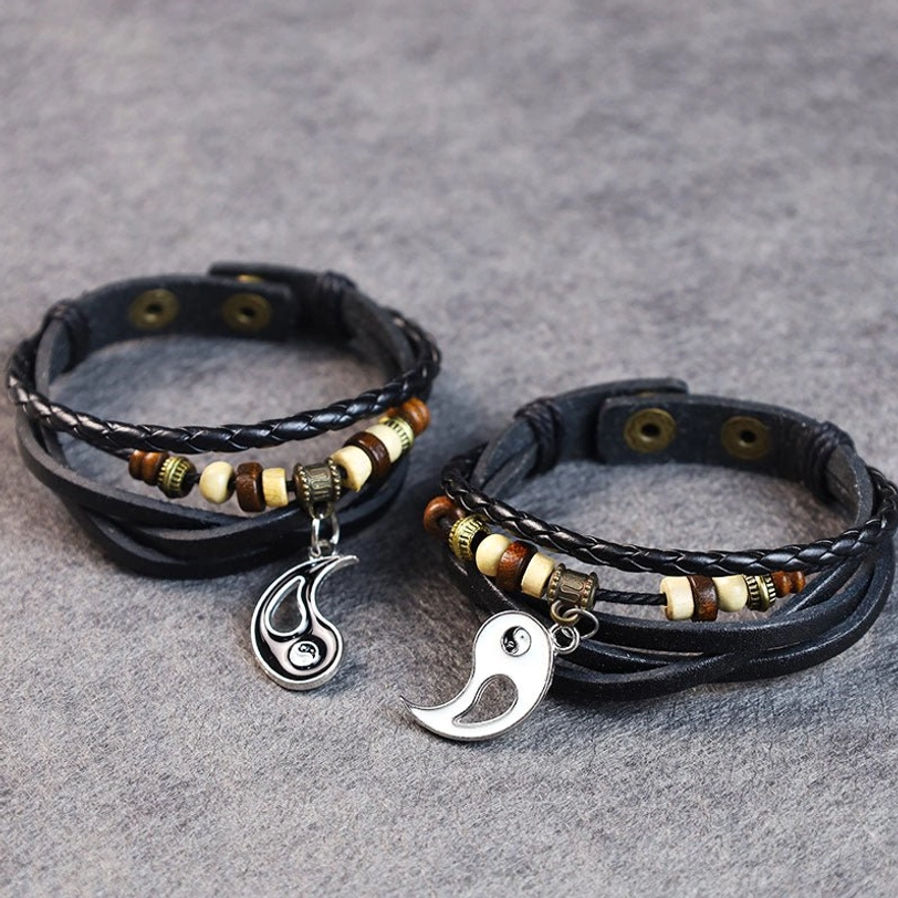 Couple matching yin yang bracelets with split pendant design and wooden beads
