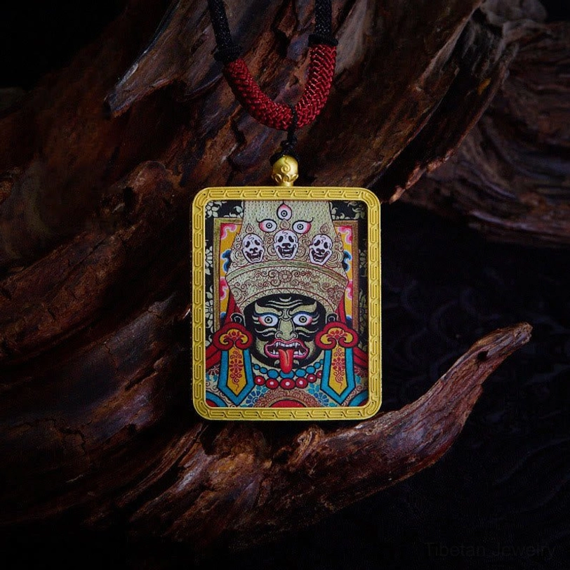 Beige Zakiram wealth goddess thangka pendant necklace with hand-painted neutral tone deity design