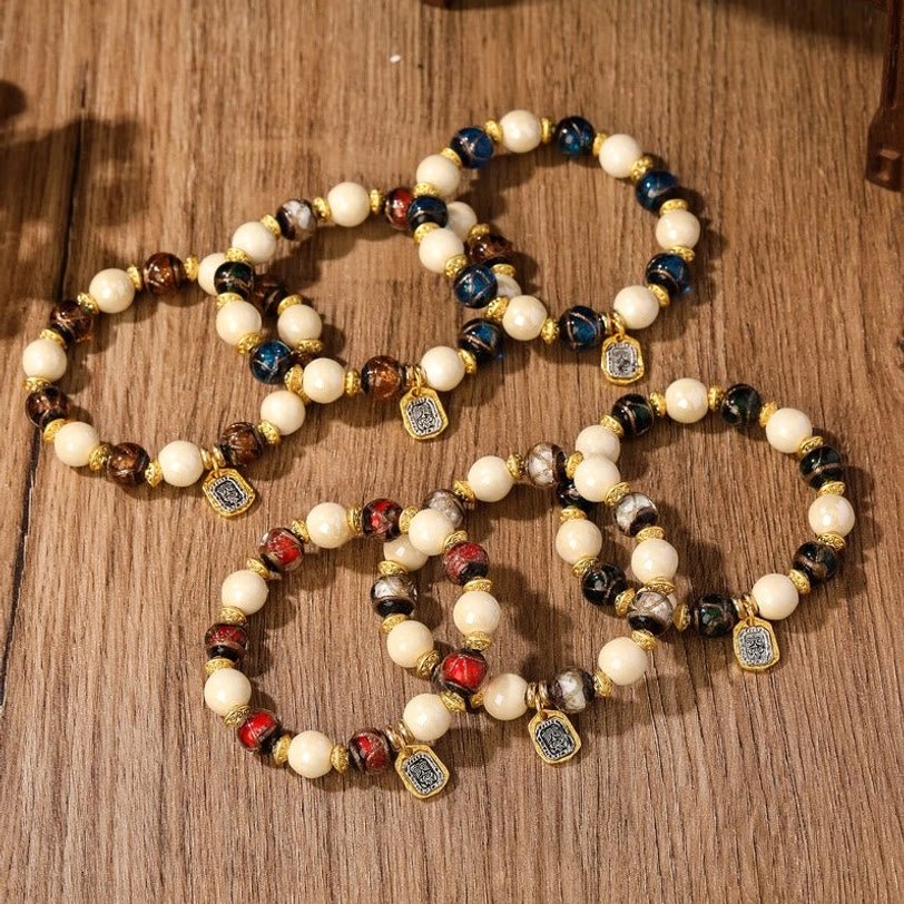 Tibetan Zakiram goddess bracelet with liuli glass and incense ash porcelain beads for prosperity and protection