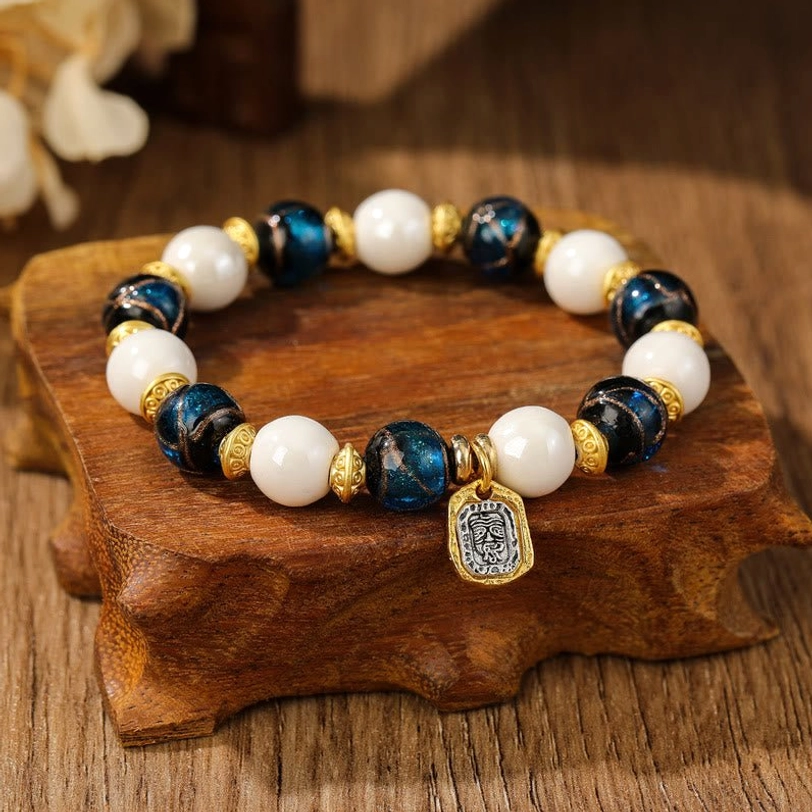 White porcelain incense ash beads paired with blue liuli glass Tibetan charm bracelet