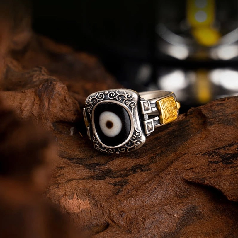 925 Sterling Silver Zakiram Dzi bead ring three-quarter right front angle displaying polished stone and silver scroll border details