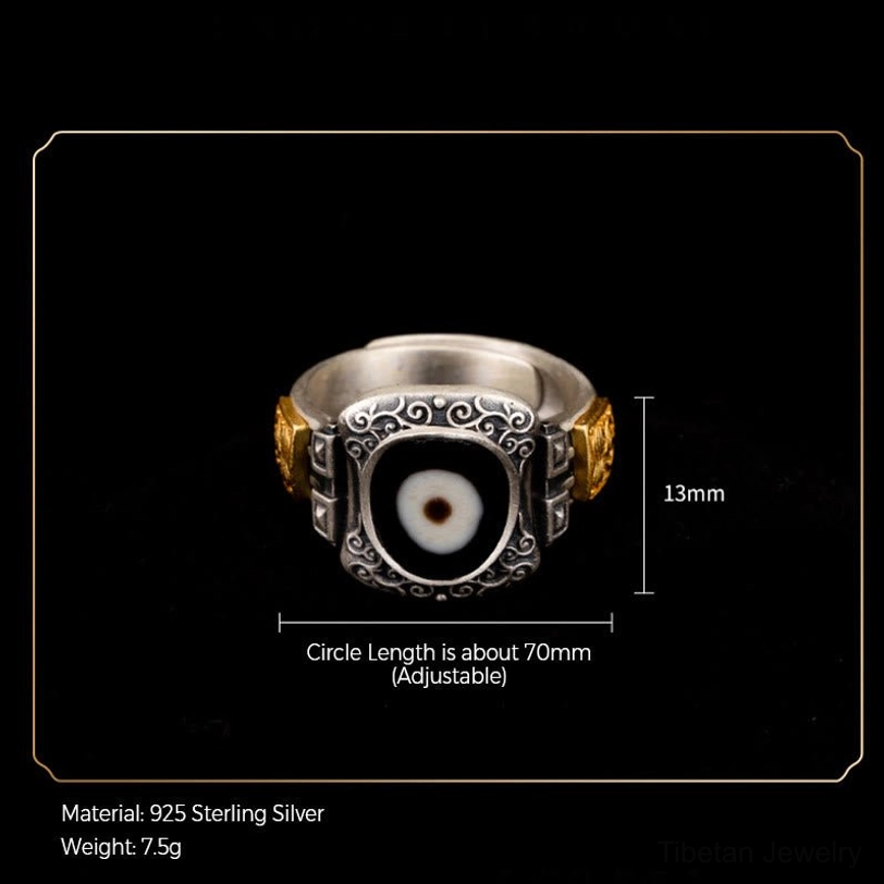 Zakiram Dzi bead sterling silver ring specifications - 925 silver, 7.5g weight, adjustable 7cm circumference, hand-painted sacred bead