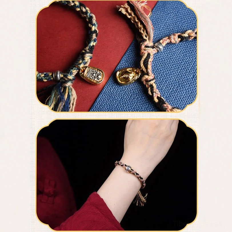 Tibetan Zakiram bracelet worn on wrist with red sleeve showing two color variants flat lay and wrist wear display