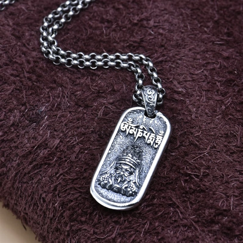 Full Zakiram Goddess sterling silver necklace with pendant side-flat lay view showing chain and embossed deity design