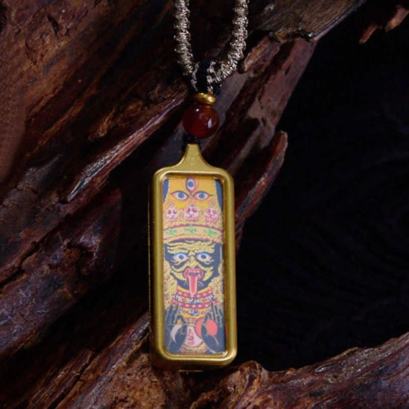 Zakiram Tibetan goddess hand-painted thangka pendant necklace with three-eye deity design, gold metal frame, and red agate bead
