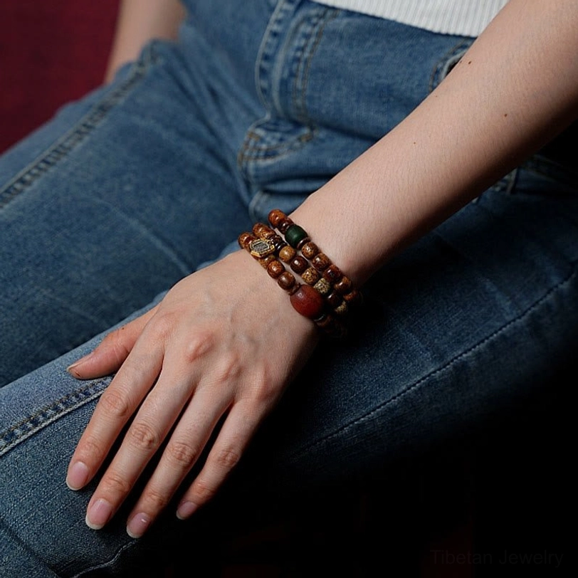 Zakiram Goddess Tibetan bracelet with ancient wisdom bodhi seeds and sacred dzi beads for mindful meditation practice