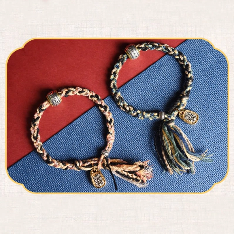 Tibetan Zakiram goddess wealth protection bracelet handmade woven cord with engraved mantra bead and traditional gold charm