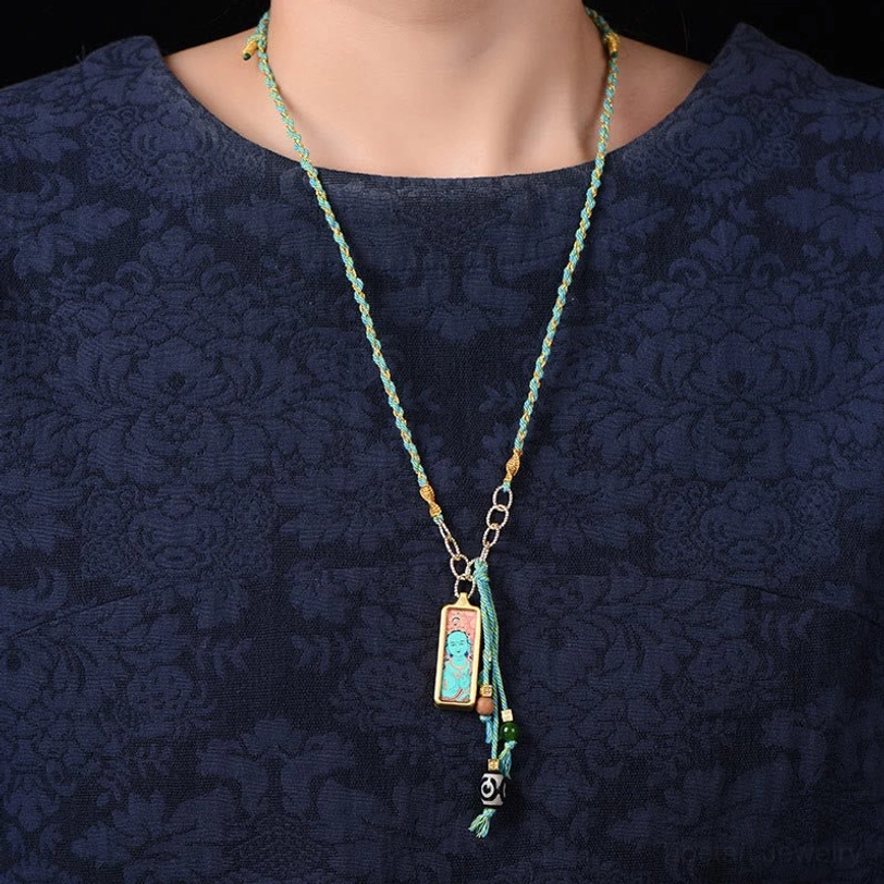 Zakiram Goddess of Wealth Tibetan necklace pendant titanium steel with traditional design