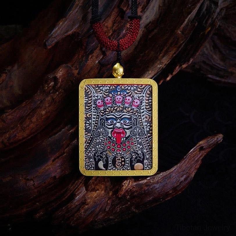 Purple Zakiram protection goddess thangka pendant with hand-painted purple deity design and gold frame
