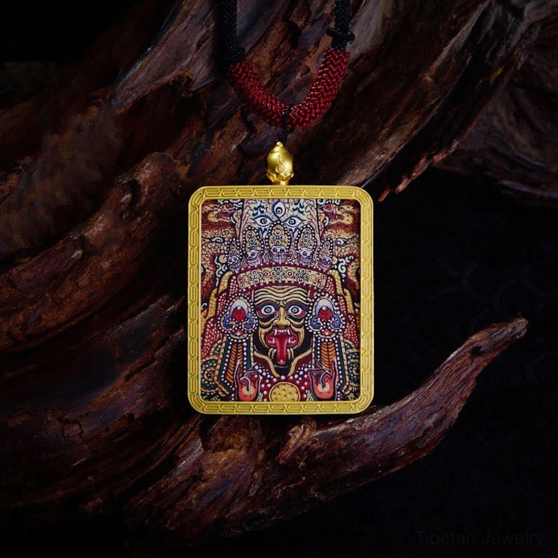 Zakiram Red thangka pendant necklace - hand-painted red protector goddess for wealth, family protection and spiritual guidance