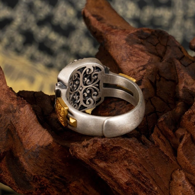 Back view of Zakiram goddess ring showing hollow flower-carved inner band and traditional Tibetan spiritual design elements