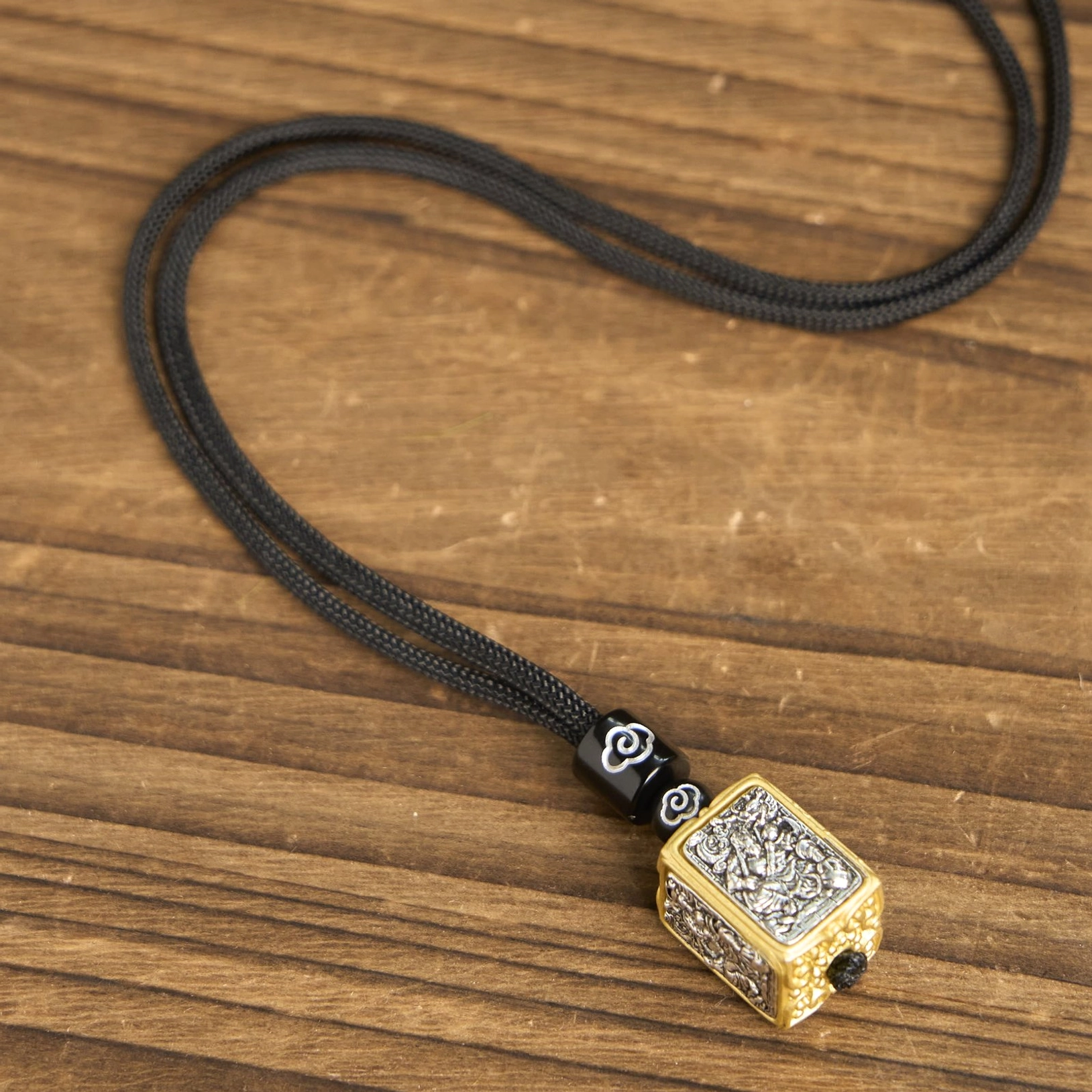 Zakiram tibetan protective deity square pendant necklace with black rope and cloud motif beads, spiritual guardian amulet jewelry