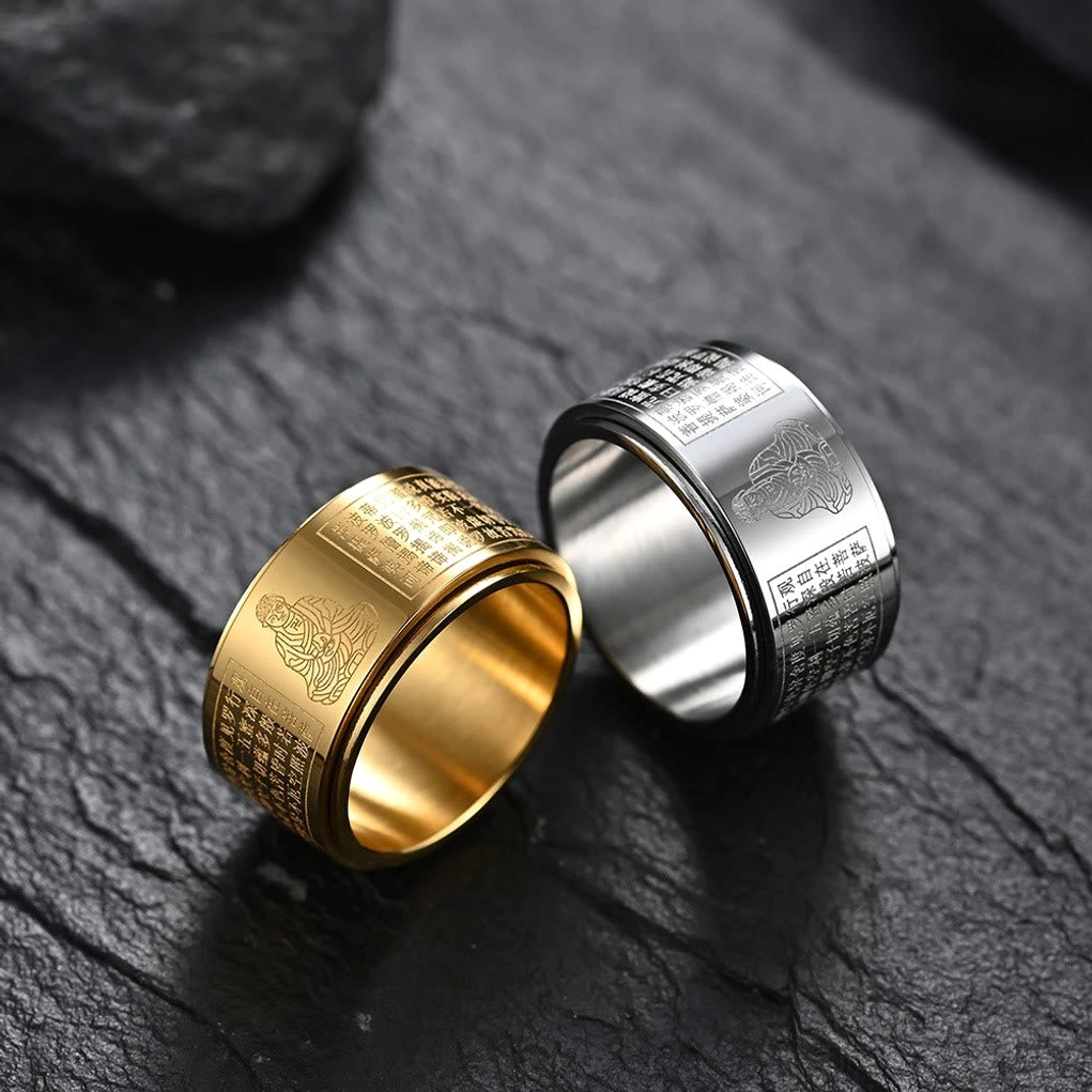Zodiac natal Buddha protection spinner ring with sacred geometry and Buddhist blessing engravings