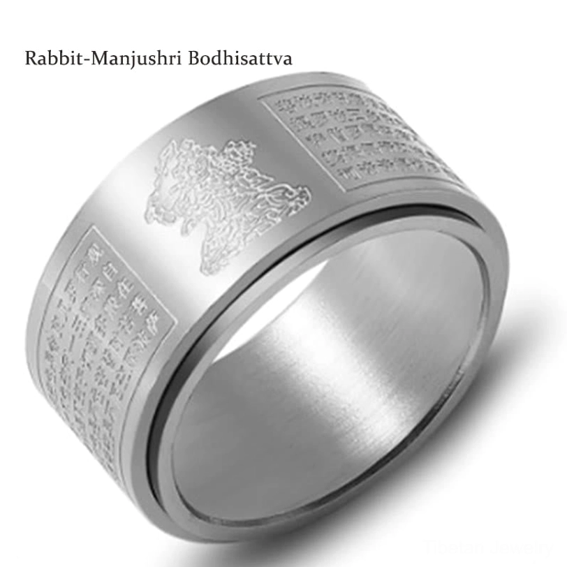 Brushed titanium steel zodiac natal Buddha ring showing subtle texture and guardian symbol detail