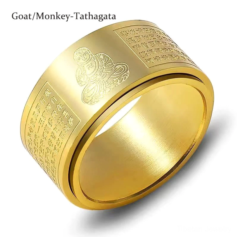 Chinese zodiac natal Buddha ring collection showing multiple sizes and stone backgrounds