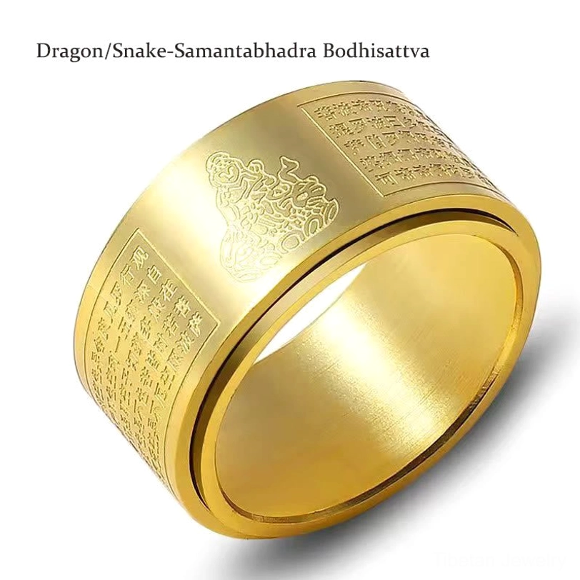 Gold titanium steel Samantabhadra Bodhisattva zodiac Buddha ring with full sutra engraving on white background