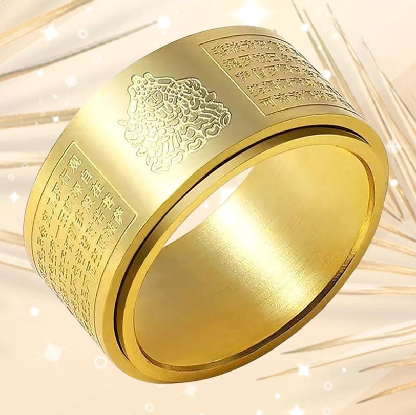 Polished titanium steel zodiac natal Buddha ring with full band engraving and protective guardian symbol